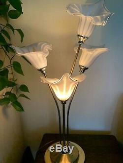 Murano Glass Mid Century Modern Calla Lily clear & white 3 way Table lamp MCM