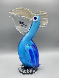 Murano Glass Pelican with Fish In Mouth Sky Blue & Gold Flecked Art Glass Bird