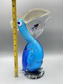 Murano Glass Pelican with Fish In Mouth Sky Blue & Gold Flecked Art Glass Bird