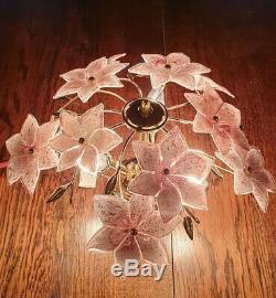 Murano Glass Pink Tulip Ceiling Light, Handblown Chandelier, Mcm, 1970s, Vintage