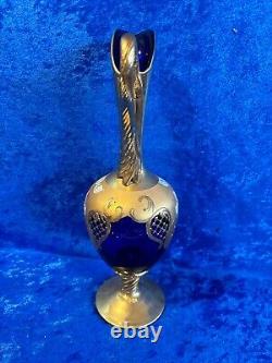 Murano Glass Pitcher & 6 Goblets Hand Blown & Painted Gold Trim Exquisite