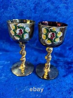 Murano Glass Pitcher & 6 Goblets Hand Blown & Painted Gold Trim Exquisite