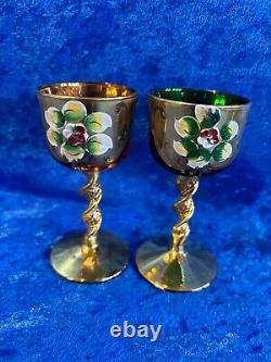 Murano Glass Pitcher & 6 Goblets Hand Blown & Painted Gold Trim Exquisite