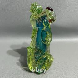 Murano Glass Poodle 6 Hand Blown Uranium Blue Center Gold Flake Art Glass VTG