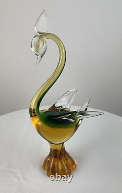 Murano Glass Swan Made in Italy Hand Blown Amber/Green Melted Together