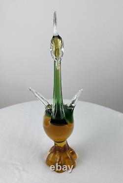 Murano Glass Swan Made in Italy Hand Blown Amber/Green Melted Together