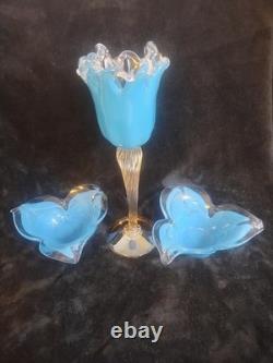 Murano Glass Trio Set 3 Hand-Blown Blue Tulip Vase and Two Matching Flower Bowls