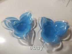Murano Glass Trio Set 3 Hand-Blown Blue Tulip Vase and Two Matching Flower Bowls