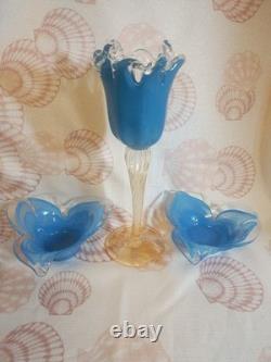Murano Glass Trio Set 3 Hand-Blown Blue Tulip Vase and Two Matching Flower Bowls
