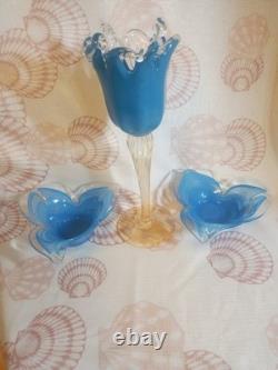 Murano Glass Trio Set 3 Hand-Blown Blue Tulip Vase and Two Matching Flower Bowls