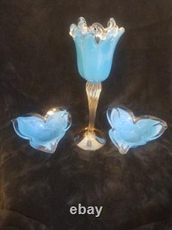 Murano Glass Trio Set 3 Hand-Blown Blue Tulip Vase and Two Matching Flower Bowls