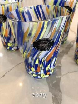 Murano Glass Tumbler Set 5 Multicolor Hand Blown Drinking Glasses 4 7/8in
