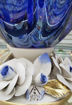 Murano Glass Vase Candy Fruit Bowl Centerpiece Capodimonte Porcelain Flower Blue