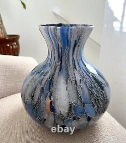 Murano Glass Vase Hand Blown Made In Italy Splatter Spatter Blue Gray Gold White