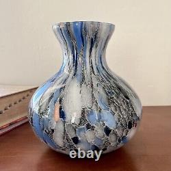 Murano Glass Vase Hand Blown Made In Italy Splatter Spatter Blue Gray Gold White