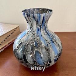 Murano Glass Vase Hand Blown Made In Italy Splatter Spatter Blue Gray Gold White