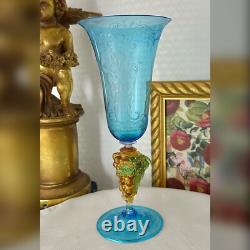 Murano Glass Venetian Hand Blown Blue & Gold Bacchus God of Wine Tipetto Glass