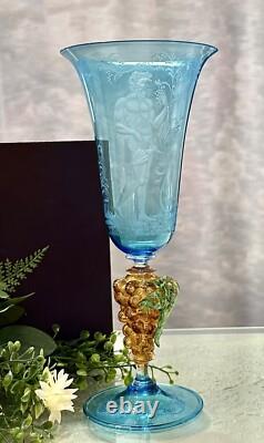 Murano Glass Venetian Hand Blown Blue & Gold Bacchus God of Wine Tipetto Glass