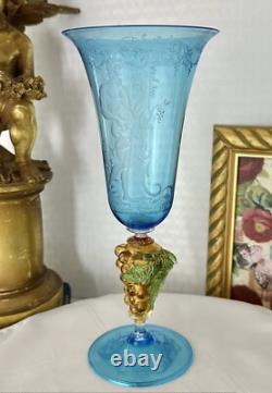 Murano Glass Venetian Hand Blown Blue & Gold Bacchus God of Wine Tipetto Glass
