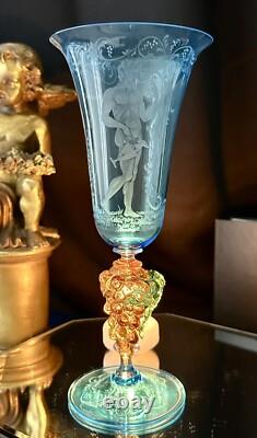 Murano Glass Venetian Hand Blown Blue & Gold Bacchus God of Wine Tipetto Glass