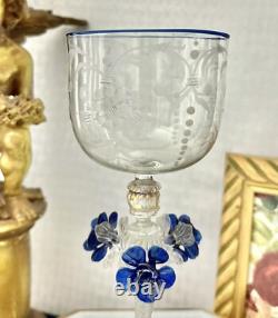 Murano Glass Venetian Hand Blown Clear & Blue Floral Italian Tipetto Glass