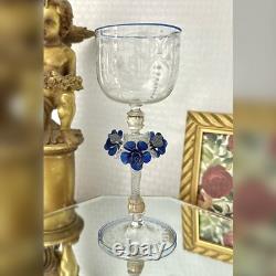Murano Glass Venetian Hand Blown Clear & Blue Floral Italian Tipetto Glass