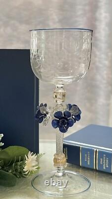 Murano Glass Venetian Hand Blown Clear & Blue Floral Italian Tipetto Glass