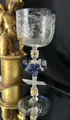 Murano Glass Venetian Hand Blown Clear & Blue Floral Italian Tipetto Glass