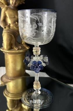 Murano Glass Venetian Hand Blown Clear & Blue Floral Italian Tipetto Glass