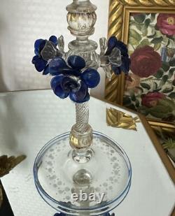 Murano Glass Venetian Hand Blown Clear & Blue Floral Italian Tipetto Glass
