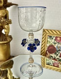 Murano Glass Venetian Hand Blown Clear & Blue Floral Italian Tipetto Glass