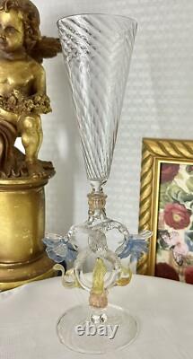 Murano Glass Venetian Hand Blown Clear Gold & Blue Italian Champagne Glass