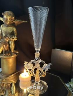 Murano Glass Venetian Hand Blown Clear Gold & Blue Italian Champagne Glass