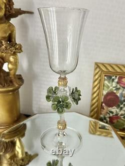 Murano Glass Venetian Hand Blown Clear, Gold & Green Floral Tipetto Glass 1
