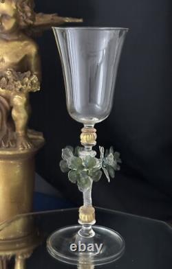 Murano Glass Venetian Hand Blown Clear, Gold & Green Floral Tipetto Glass 1