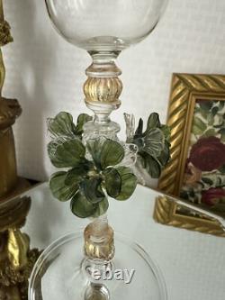 Murano Glass Venetian Hand Blown Clear, Gold & Green Floral Tipetto Glass 1