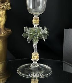 Murano Glass Venetian Hand Blown Clear, Gold & Green Floral Tipetto Glass 1