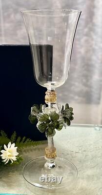 Murano Glass Venetian Hand Blown Clear, Gold & Green Floral Tipetto Glass 1