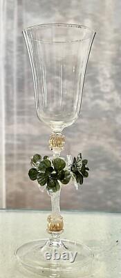Murano Glass Venetian Hand Blown Clear, Gold & Green Floral Tipetto Glass 1