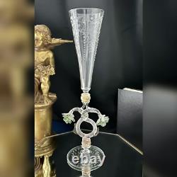 Murano Glass Venetian Hand Blown Clear Gold & Green Flower Tipetto Glass