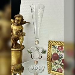 Murano Glass Venetian Hand Blown Clear Gold & Green Flower Tipetto Glass
