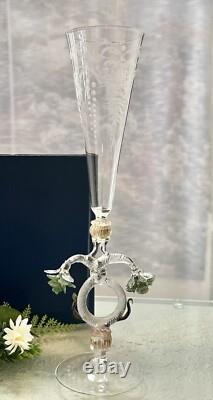 Murano Glass Venetian Hand Blown Clear Gold & Green Flower Tipetto Glass