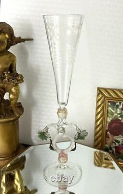 Murano Glass Venetian Hand Blown Clear Gold & Green Flower Tipetto Glass