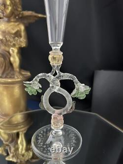 Murano Glass Venetian Hand Blown Clear Gold & Green Flower Tipetto Glass