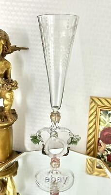 Murano Glass Venetian Hand Blown Clear Gold & Green Flower Tipetto Glass