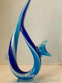 Murano Glassware Hand Blown Art Glass Sculpture Abstract Fish Blue 12 Label