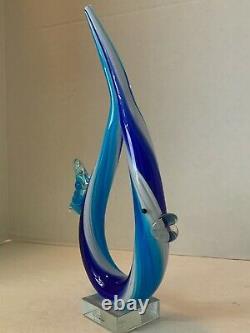 Murano Glassware Hand Blown Art Glass Sculpture Abstract Fish Blue 12 Label