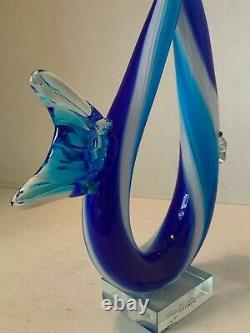 Murano Glassware Hand Blown Art Glass Sculpture Abstract Fish Blue 12 Label