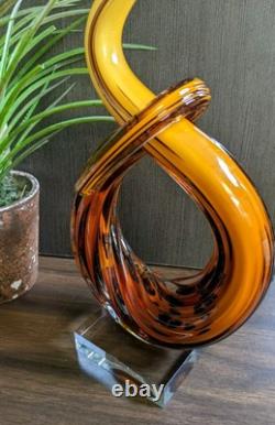 Murano Glassware Hand Blown Honey Amber Twisted Swirl Ribbon Art Glass Sculpture