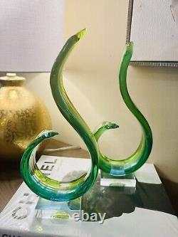 Murano Glassware Hand blown Art Glass sculpture blue green yellow clear Set Of 2